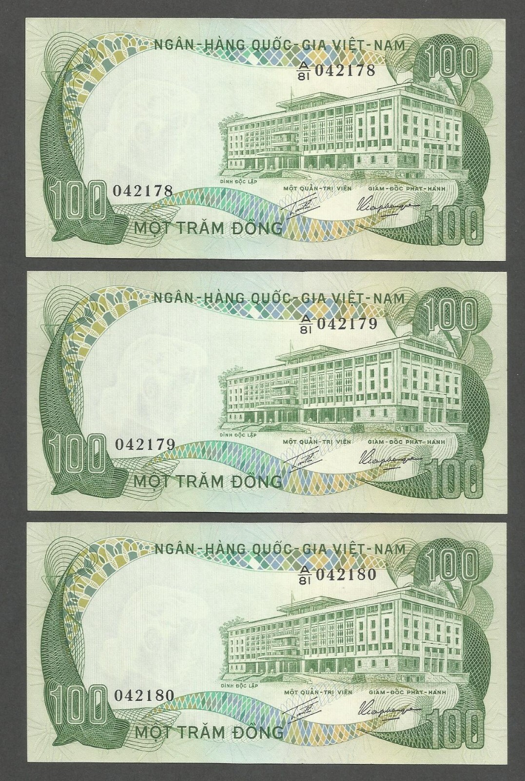 South Vietnam 100 Dong N.D. (1972); AU+; P-31a; BNB-B133a; Lot of 3 consecutive#