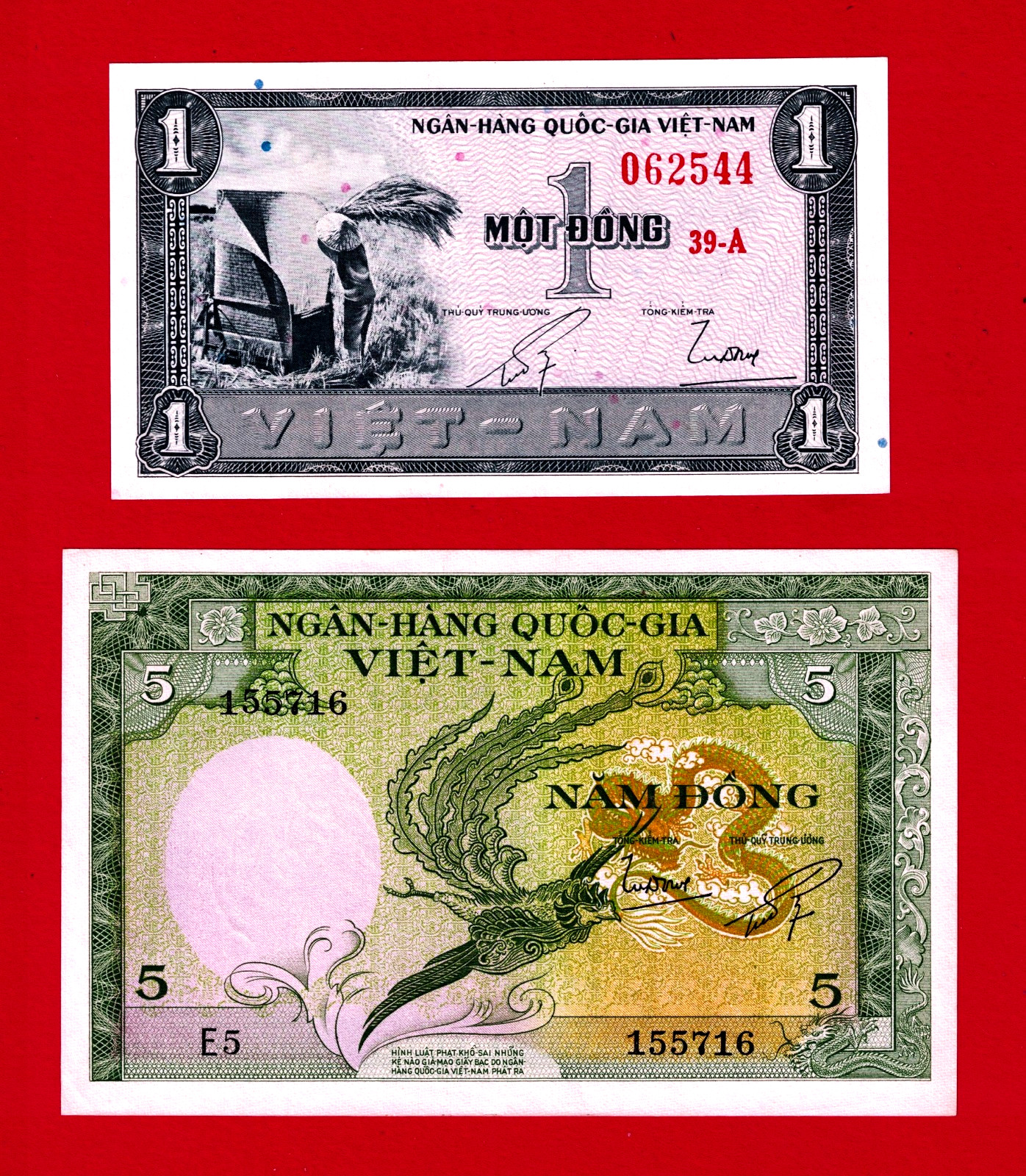 South Vietnam RARE 1955 UNC Notes – 1 Dồng (P-11a) and 5 Dồng (P-2a) FIRST ISSUE