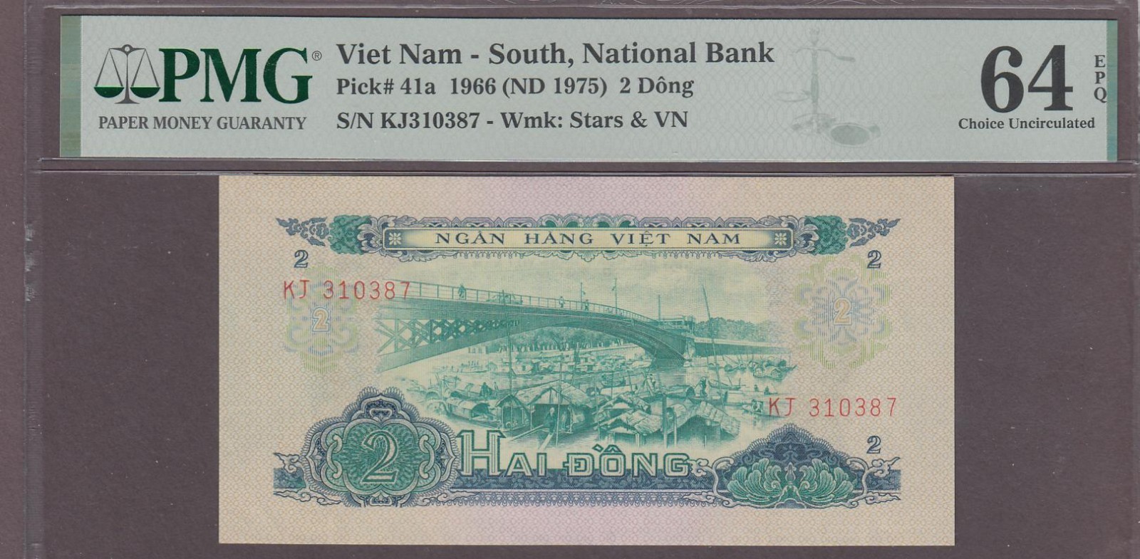 Vietnam South 2 Dong Banknote P-41a 1966 (ND 1975) PMG 64 EPQ