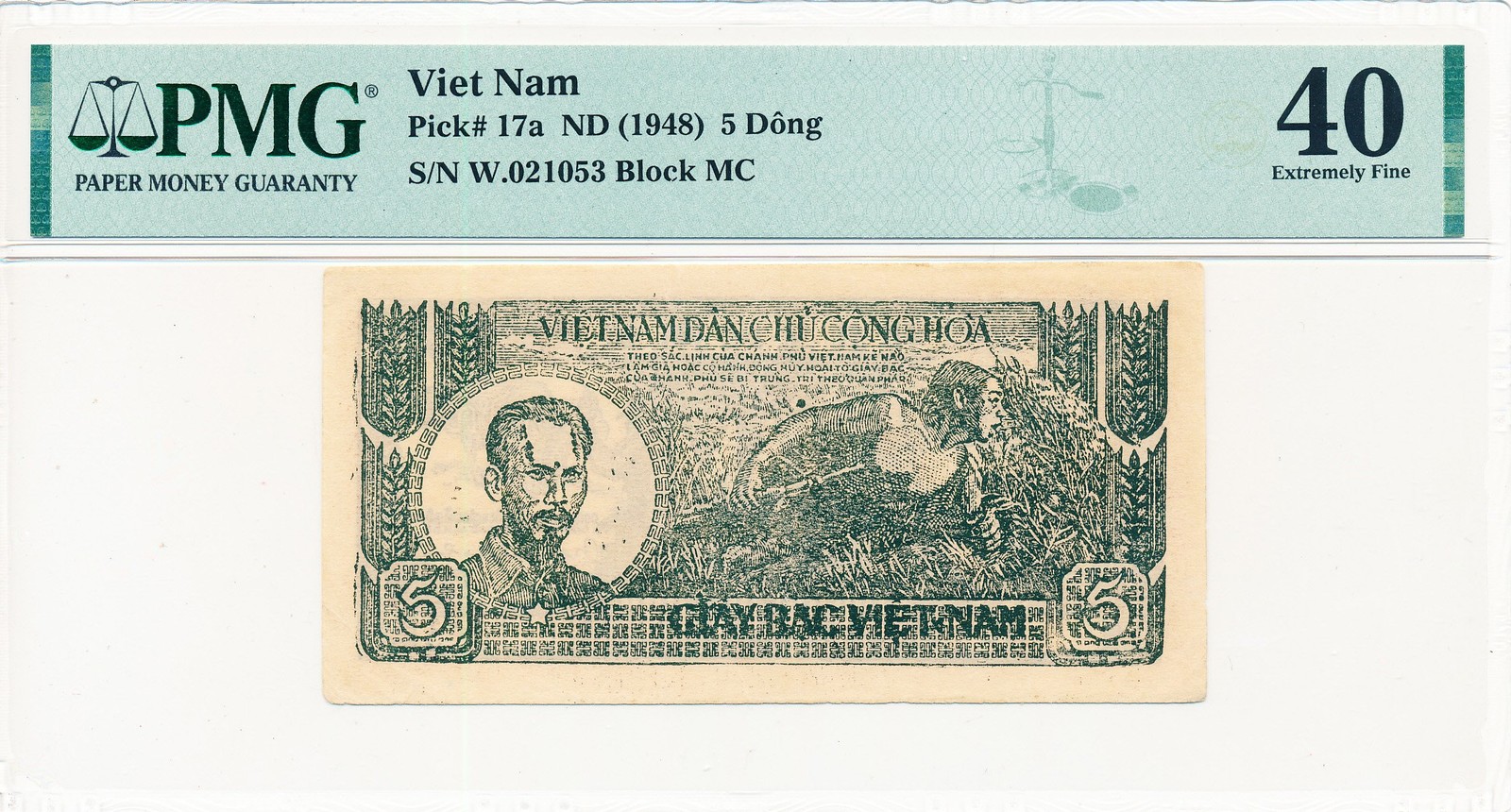 Viet-Nam Dan-Cu Chong-Hoa Viet Nam 5 Dong ND(1948) PMG 40