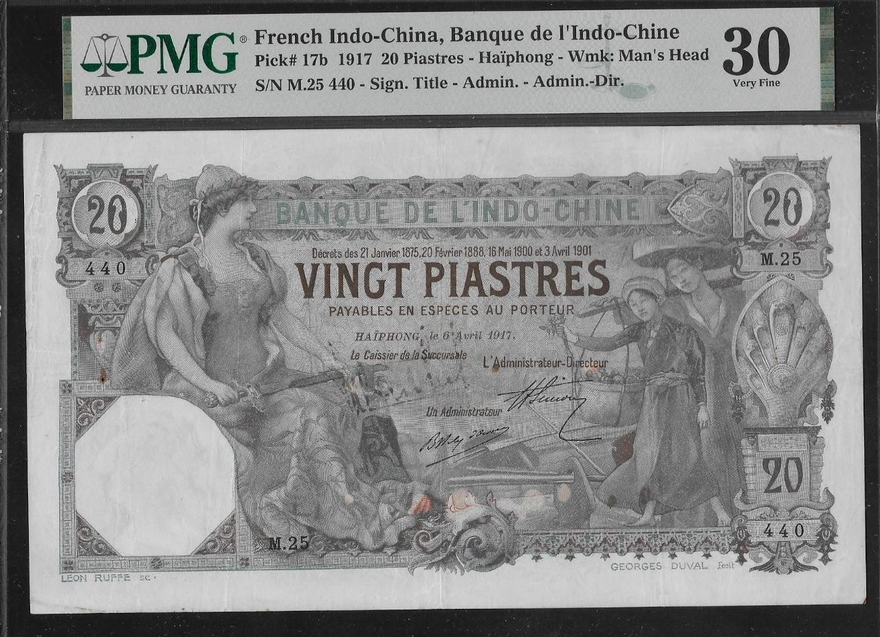 French Indochina P-17b 20 Piastres Haiphong 1917 PMG 30 Pinholes, Rust