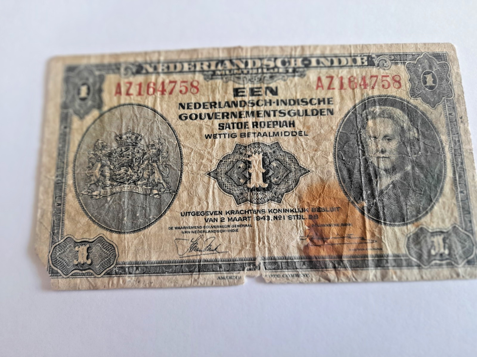 Rare 1943 Dutch Indies – Nederlandsch-Indische Gouvernmentsgulden banknote
