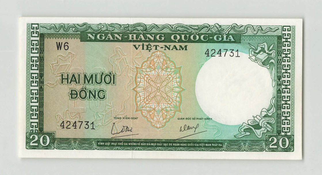 SOUTH VIETNAM 20 Dong 1964,P-16. Original UNC. W6 424731, Pretty Note. N9