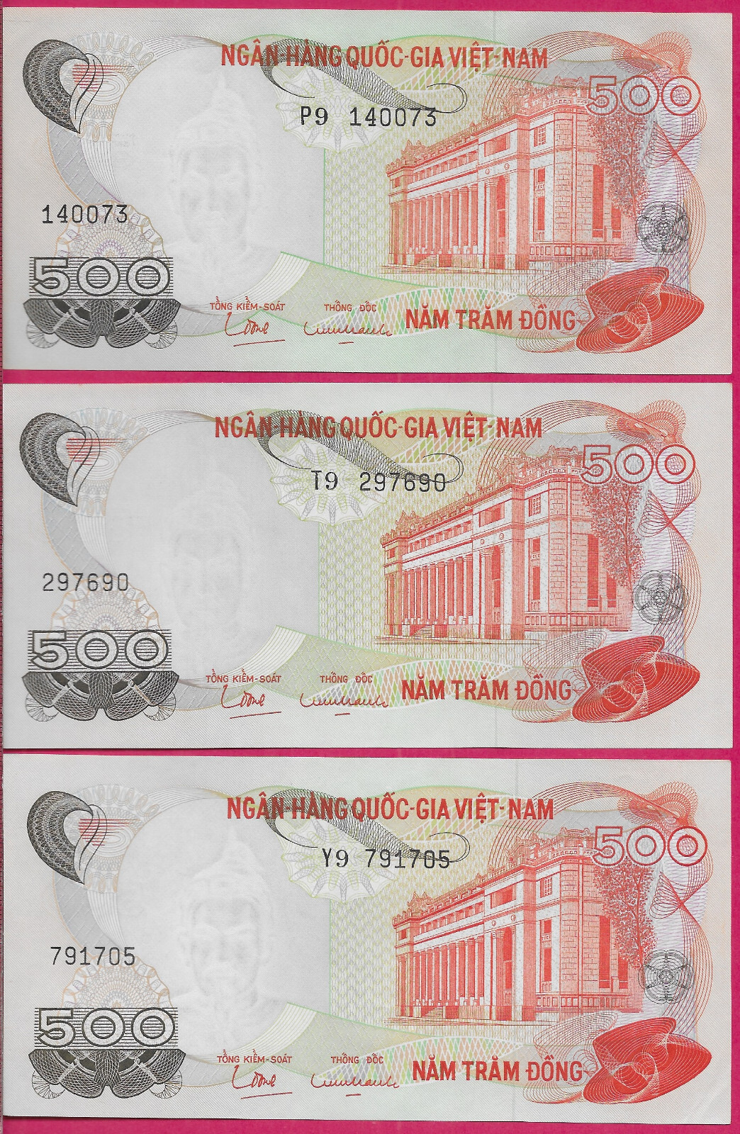 VIETNAM SOUTH 500 DONG 1970 XF 3 NOTES P9-T9-Y9,ISSUING REGIME:SECOND REPUBLIC