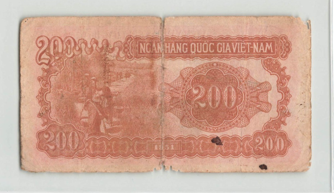 VIETNAM 200 Dong 1951, P-63a, Red/Brown, AB 9574933, Lower Grade, Holes. B4