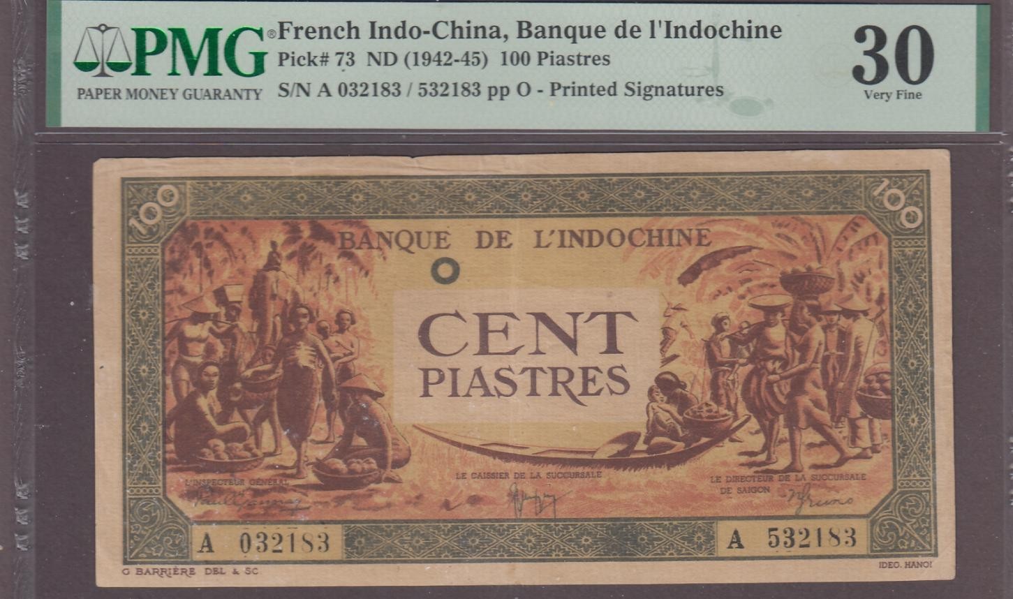 French Indochina 100 Piastres Note P-73 ND (1942-45) Orange PMG 30 Letter O