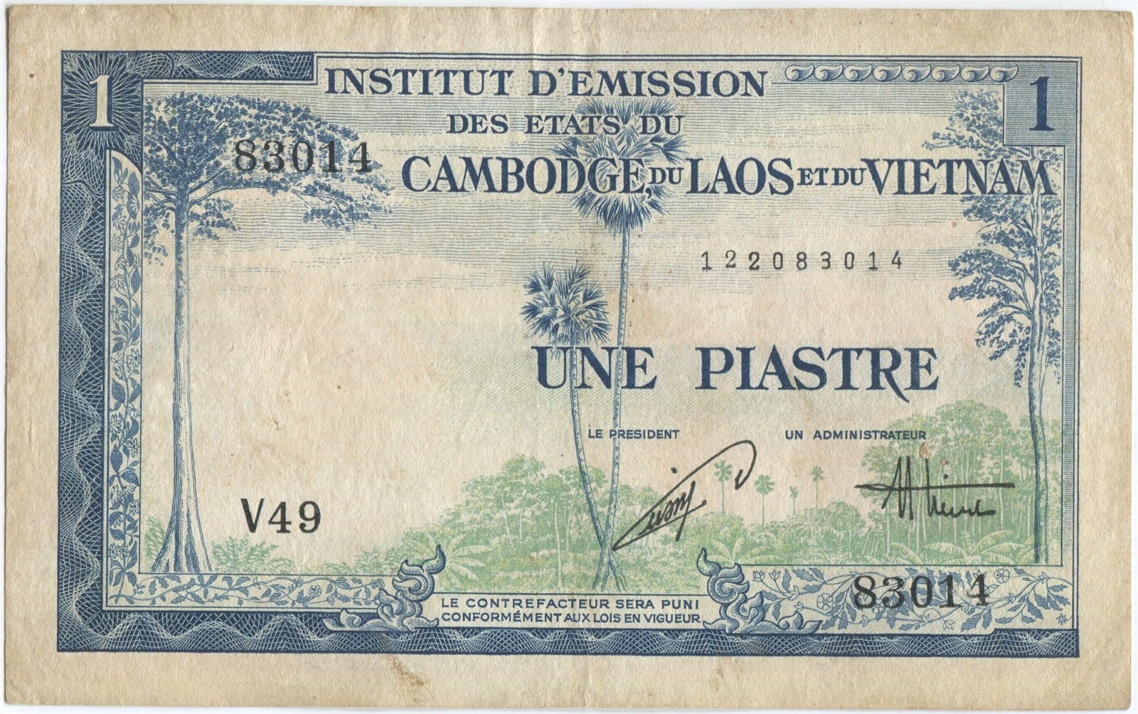 French Indochina 1954(ND) Cambodia Laos Vietnam 1 Piastre – 1 Dong note P-105
