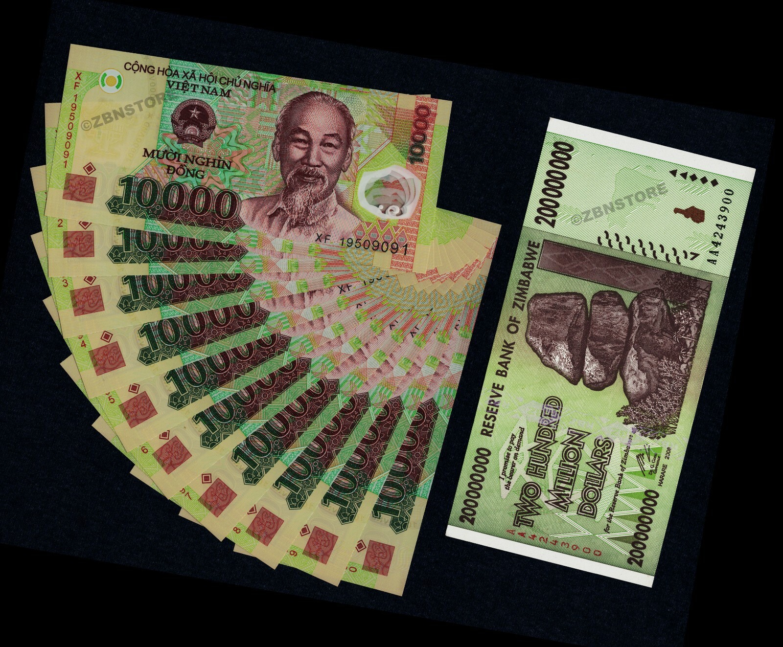 200 Million Zimbabwe Dollars +10 x 10000 Vietnam Dong Banknotes UNC Uncirculated