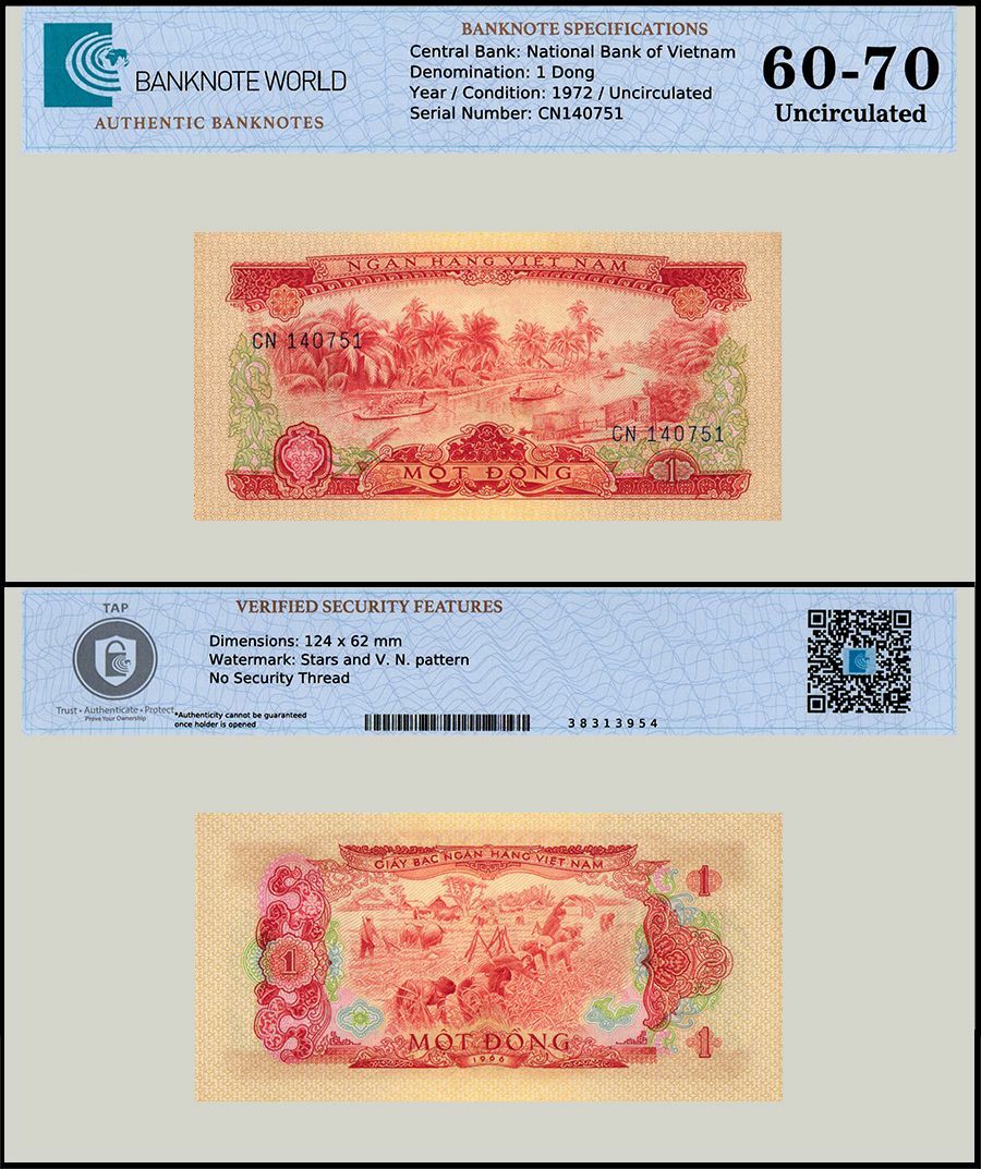 South Vietnam 1 Dong, 1966 (1975 ND), P-40, About Uncirculated, Authenticated
