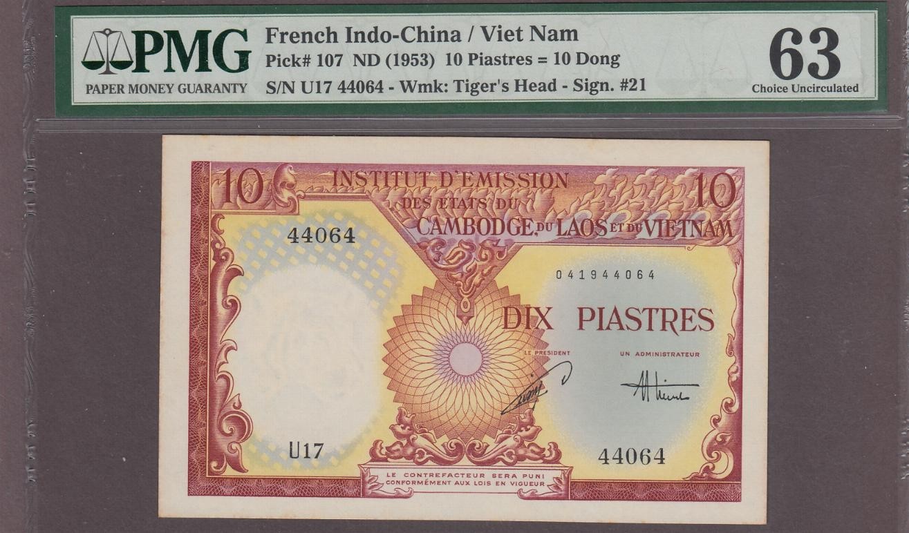 French Indochina 10 Piastres Banknote P-107 ND (1953) PMG 63