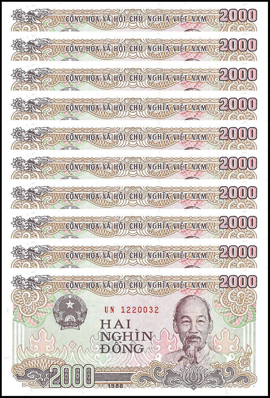 Vietnam 2000 Dong, 1988, P-107a, UNC X 10 PCS