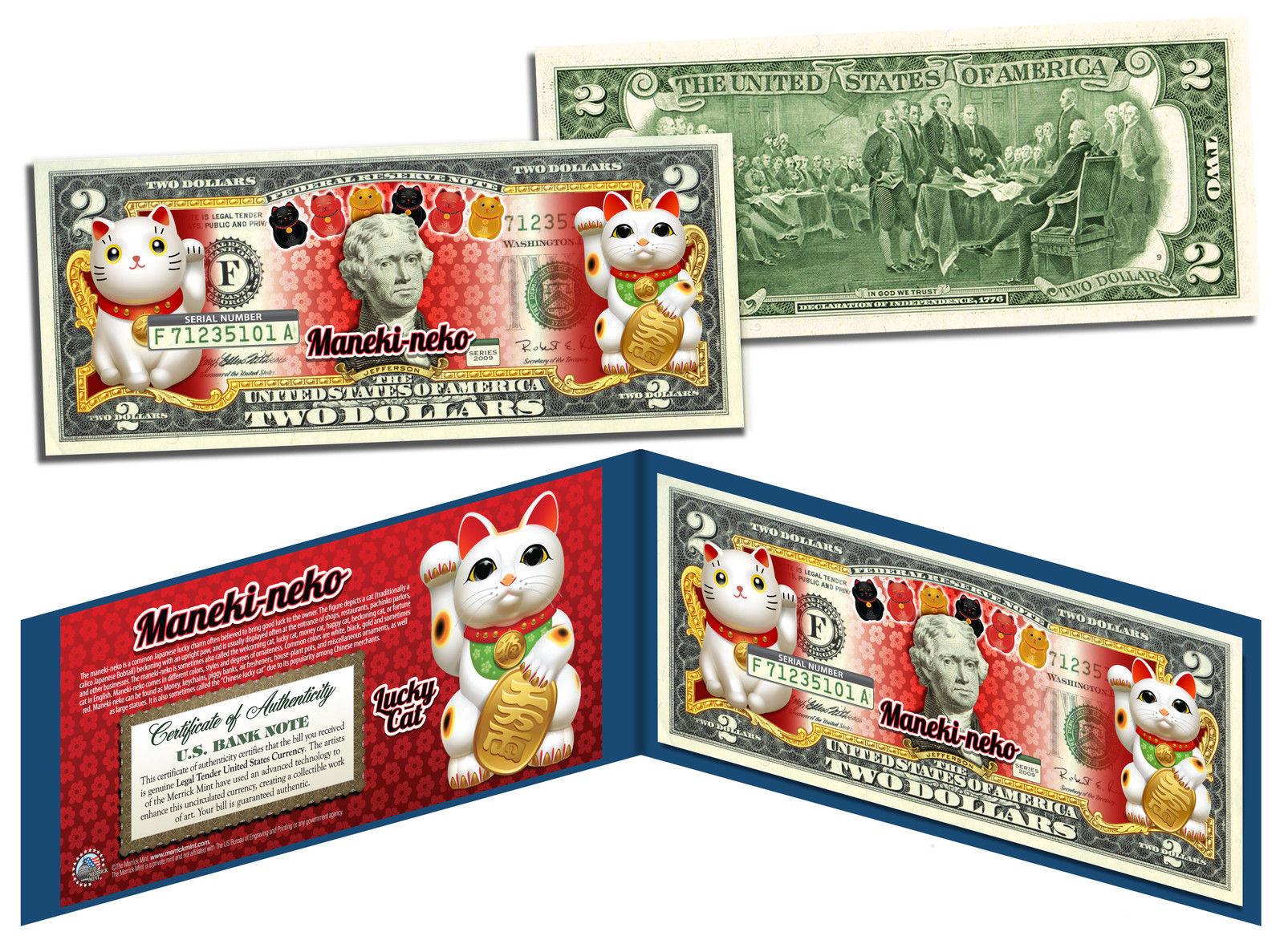 MANEKI NEKO LUCKY CAT Colorized $2 Bill U.S. Legal Tender Lucky Money with Folio