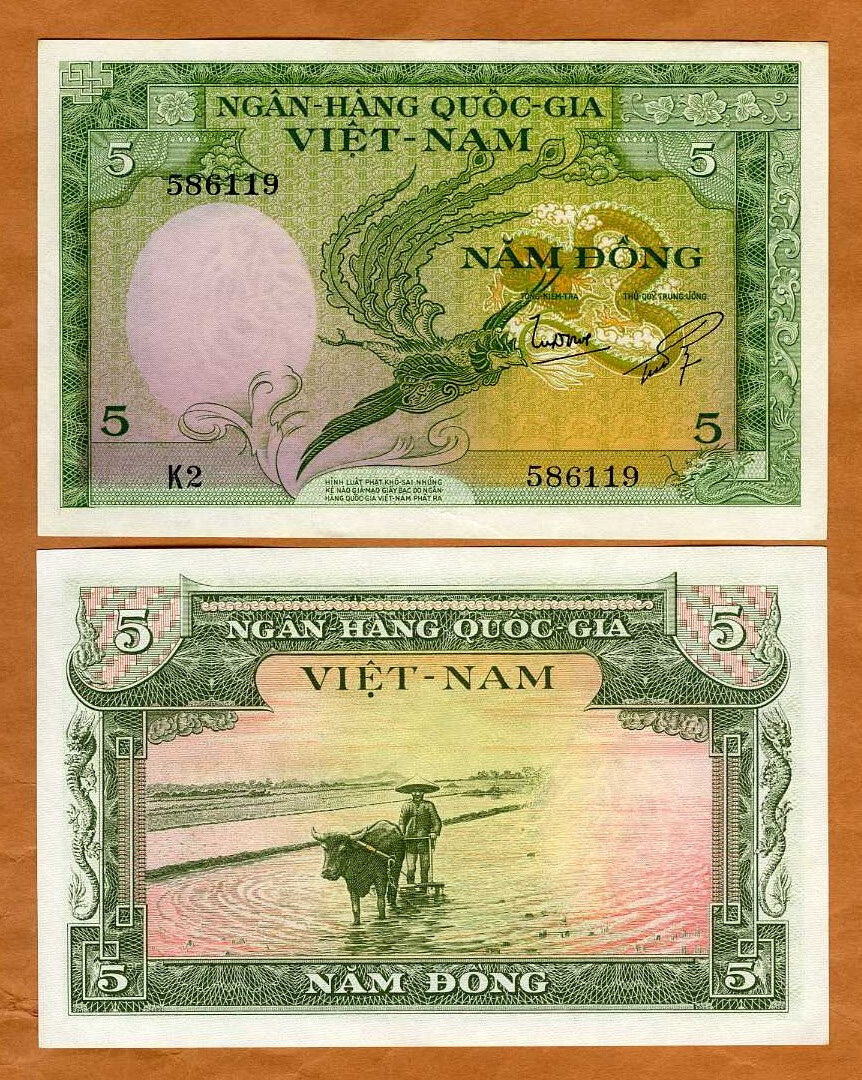 South Vietnam, 5 Dong, ND (1955) P-2, UNC Peasant with a watter buffalo