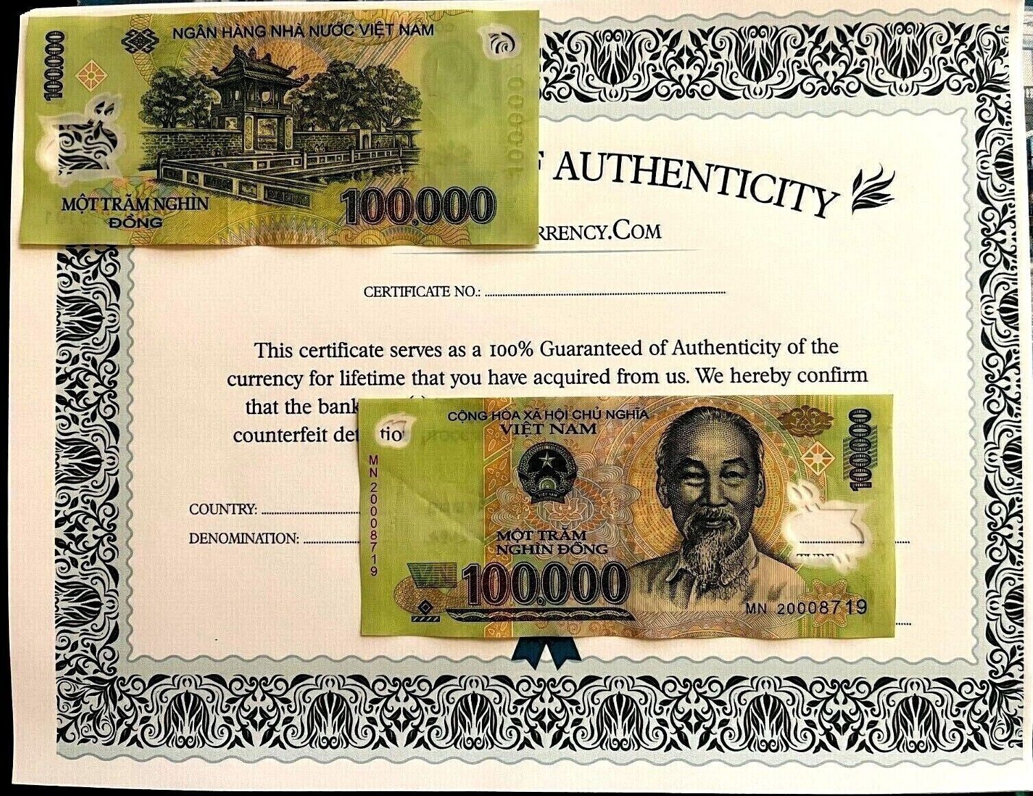 100,000 Vietnamese Dong ( 1 x 100,000 ) Vietnam Currency VND w/ Certificate COA