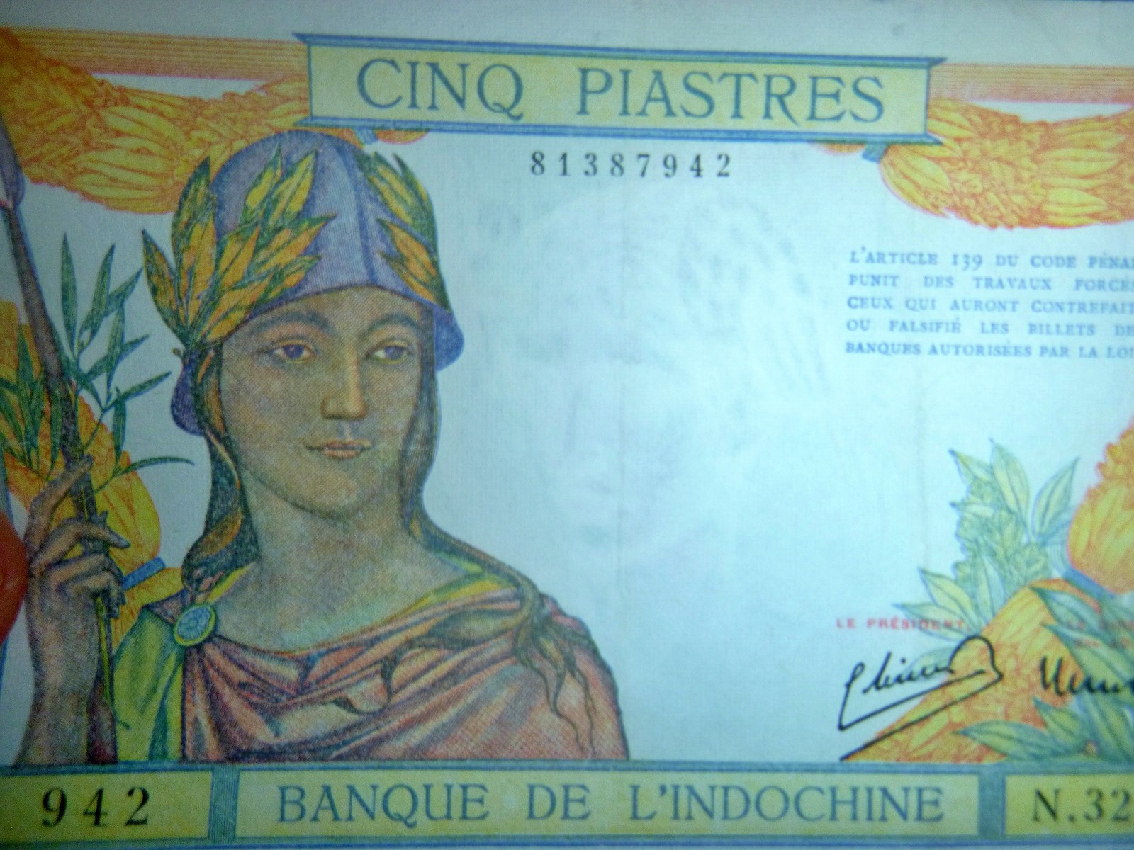 1946 BANK NOTE – FIVE PIASTRES – French Indochine / Indochina – Vietnam – E.224