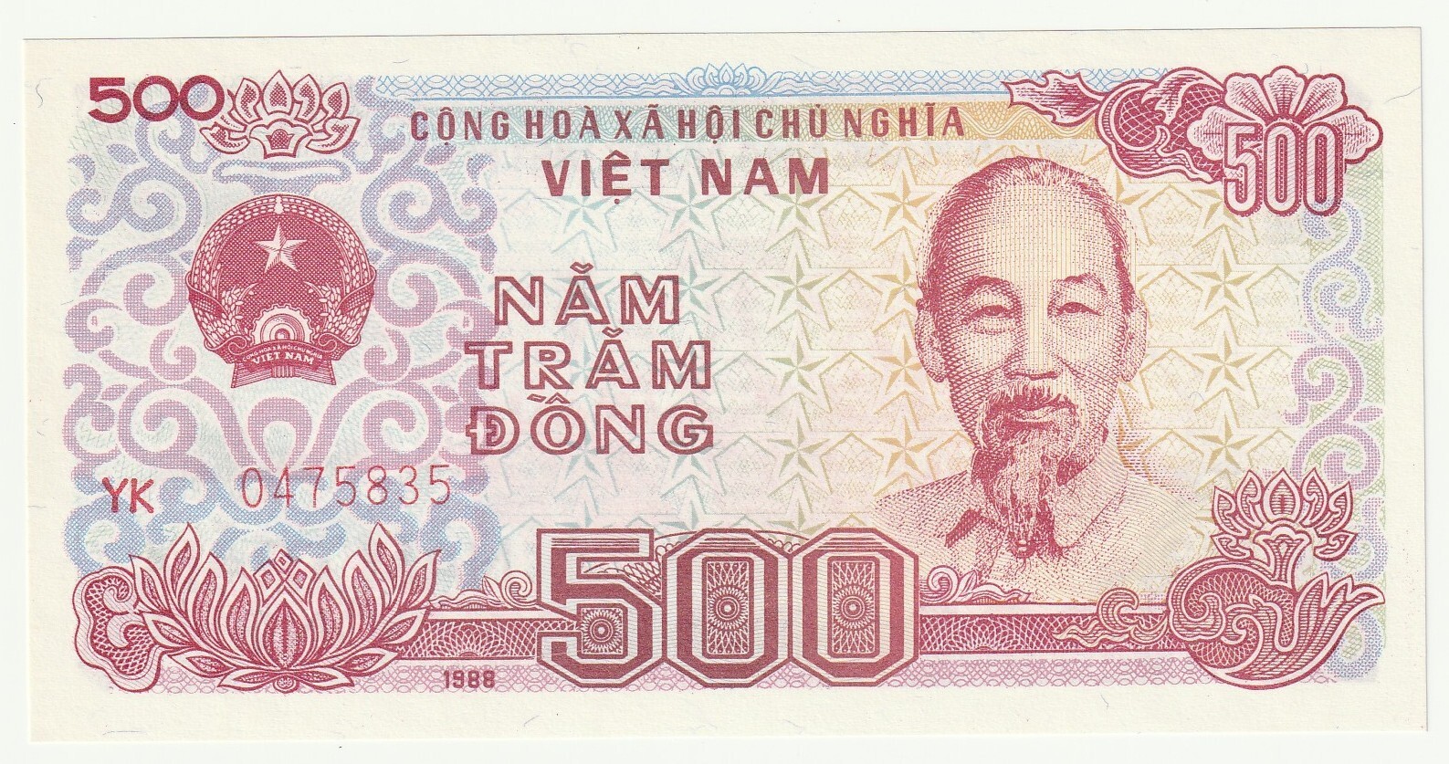 1988 VIETNAM, 500 DONG, KEY VARIETY LARGE DIGITS, CRISP UNC BANKNOTE, P-101b