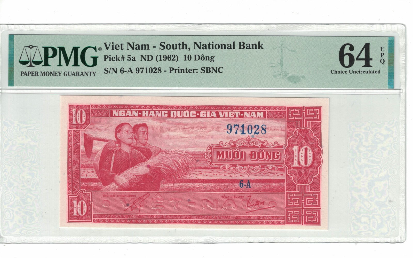Vietnam South 10 Dong 1962 PICK# 5a PMG: 64 EPQ UNC. #PL1463