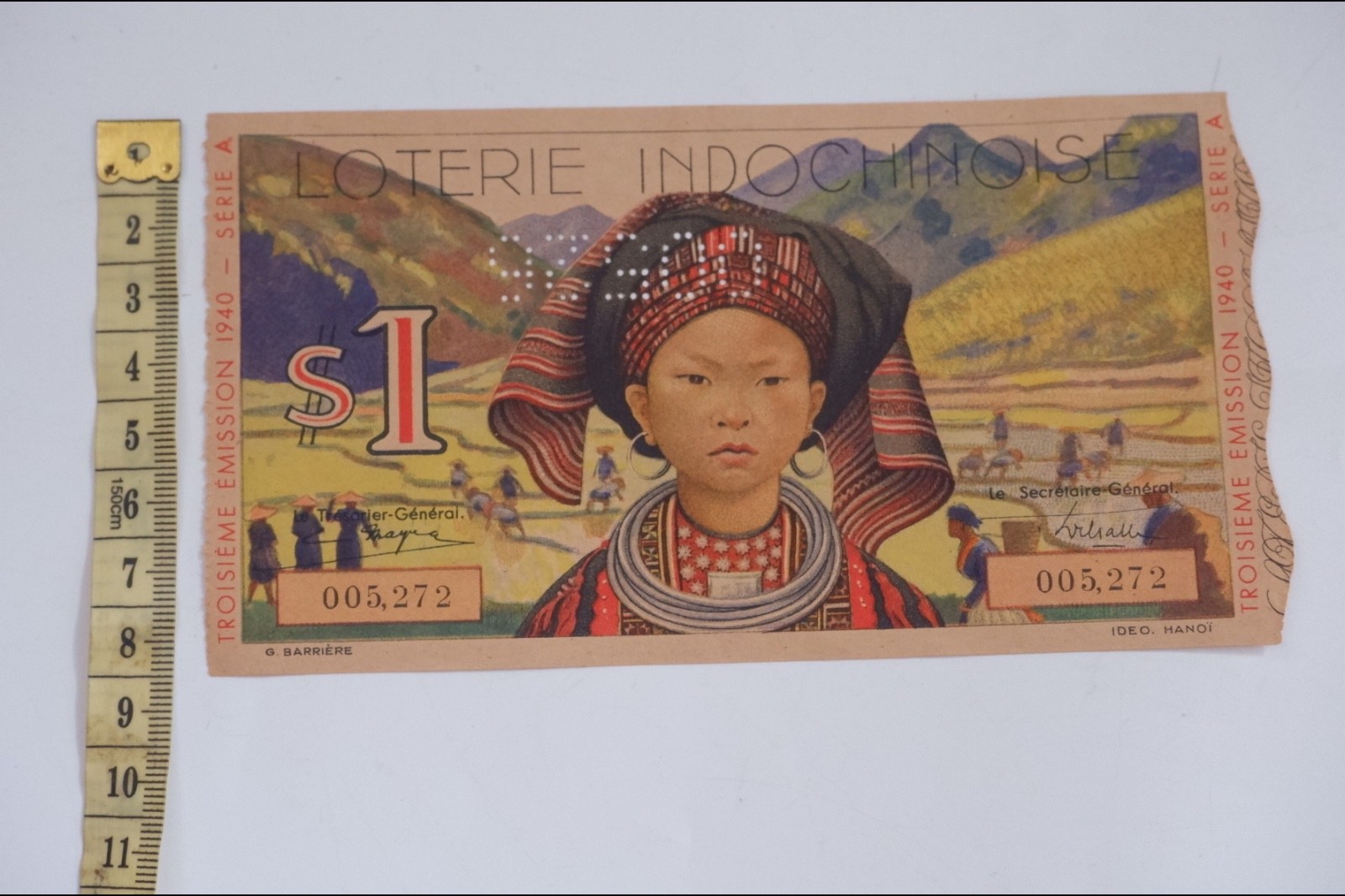BANKNOTE-VINTAGE FRENCH INDOCHINE VIETNAMESE LOTTERY TICKET 1 PIASTRE 1940 RARE