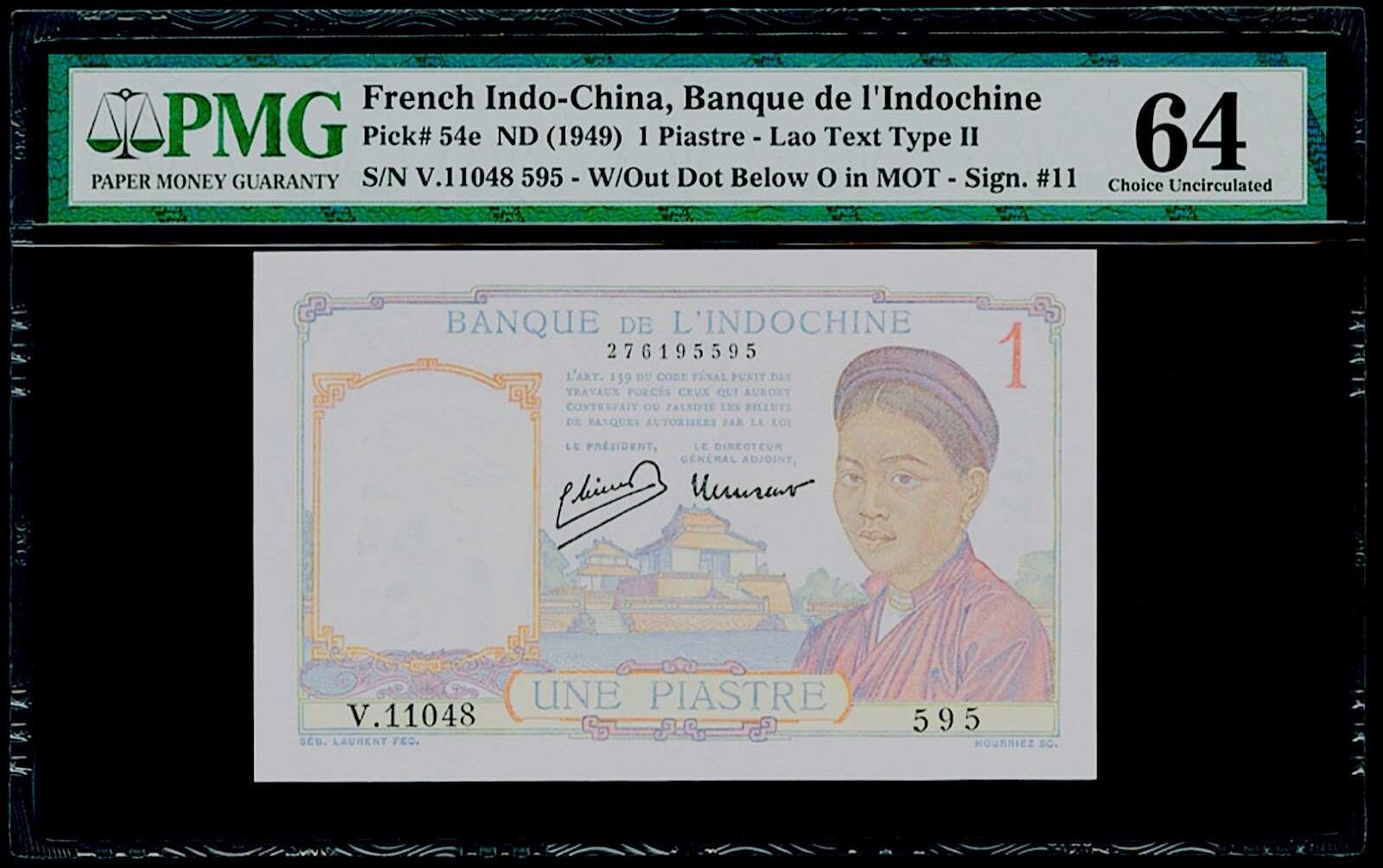 1 Piastre ND (1949) French Indo-China, Banque de L’Indochine Pick# 54e PMG 64 CU