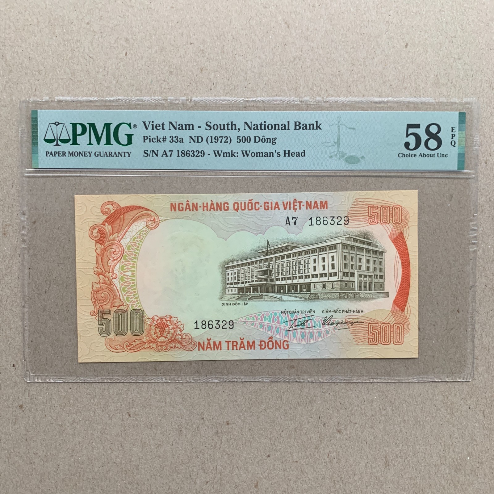 South Vietnam 500 Dong Banknote 1972 P33a PMG 58 EPQ Iconic Tiger