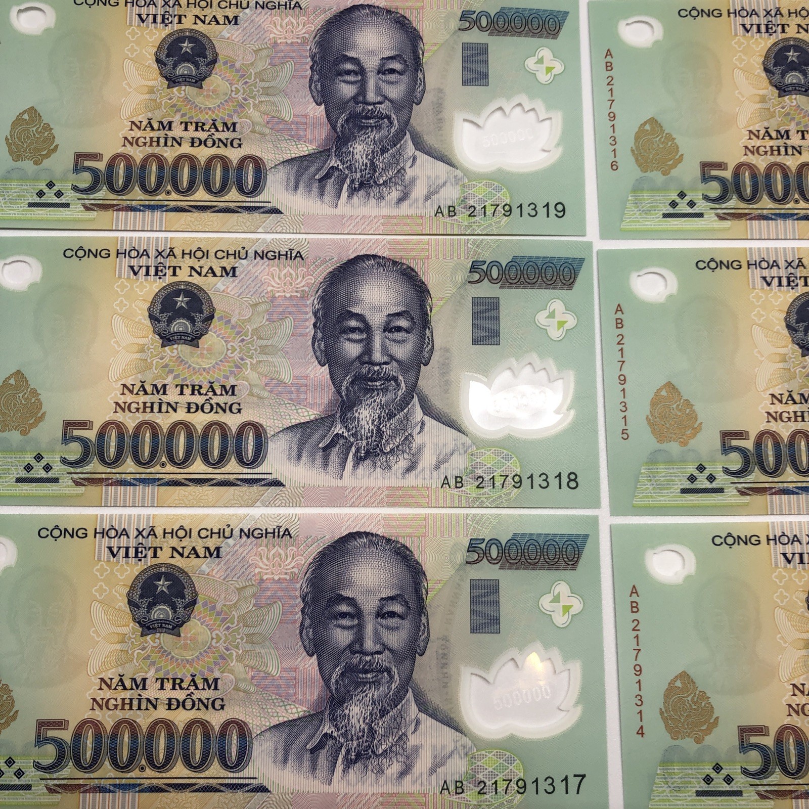 3,000,000 Vietnamese Dong 6 x 500K Authentic VND Polymer Notes Uncirculated