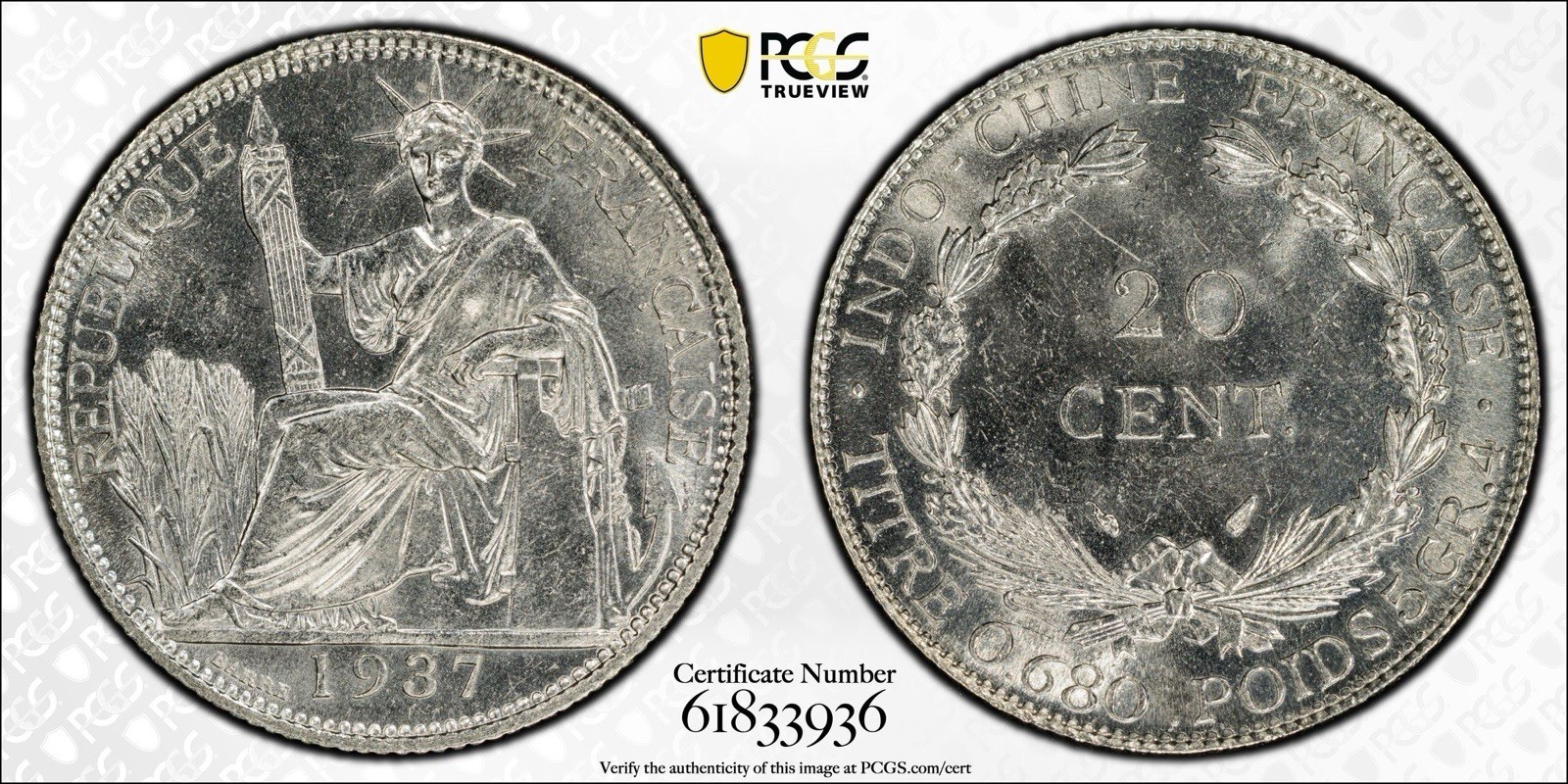 French Indochina 1937 20 Centimes Lec 236 PCGS Mint State 64