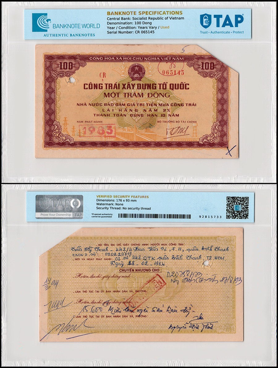 Vietnam 100 Dong Promissory Note, 1983-1985, Used, TAP Authenticated