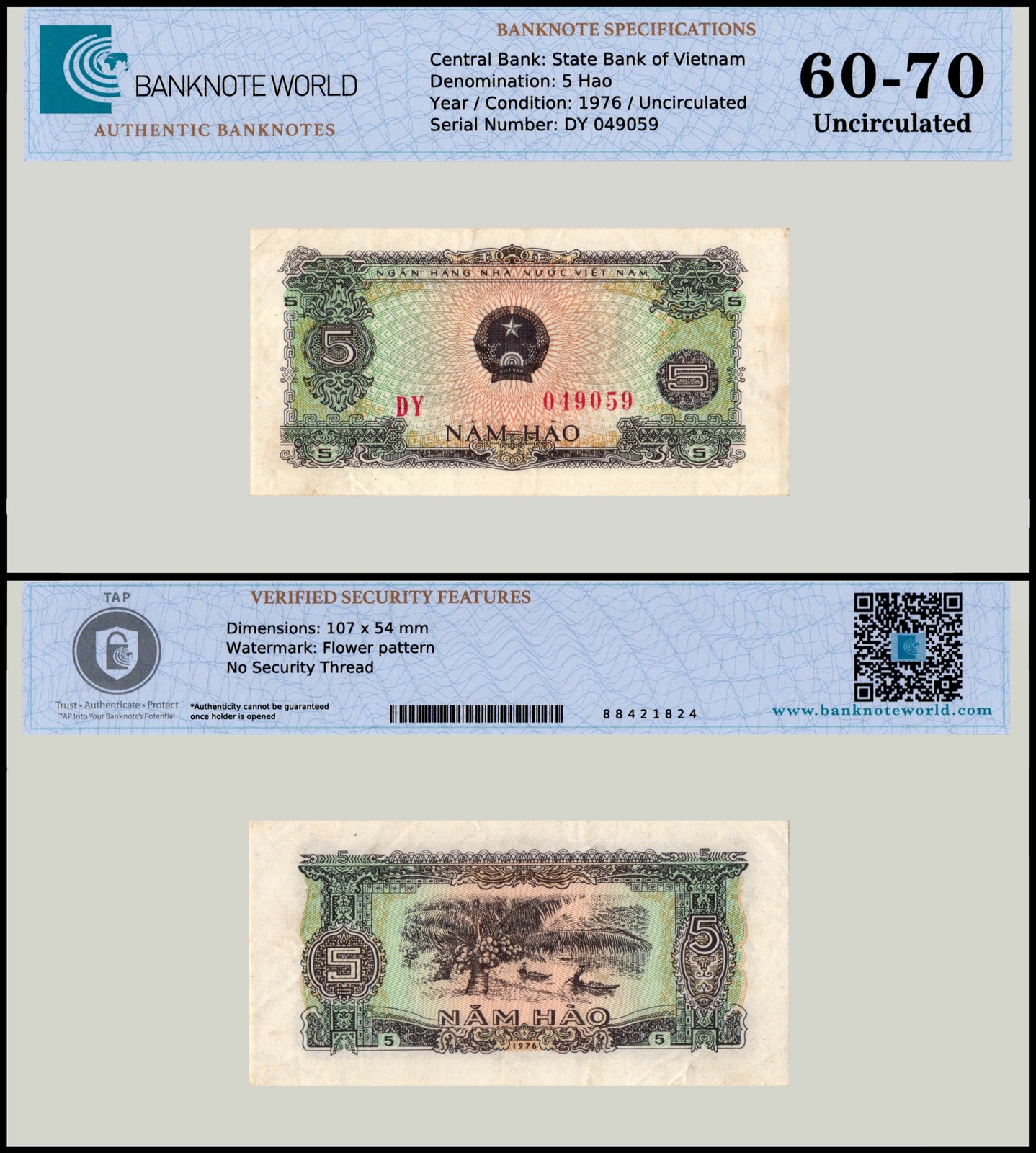 Vietnam 5 Hao, 1976, P-79, UNC, Authenticated Banknote