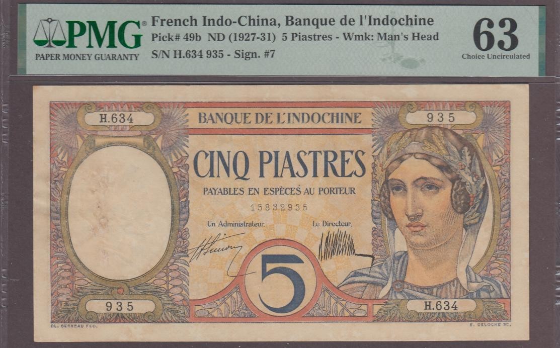 French Indochina 5 Piastres Banknote P-49b ND (1927-31) PMG 63