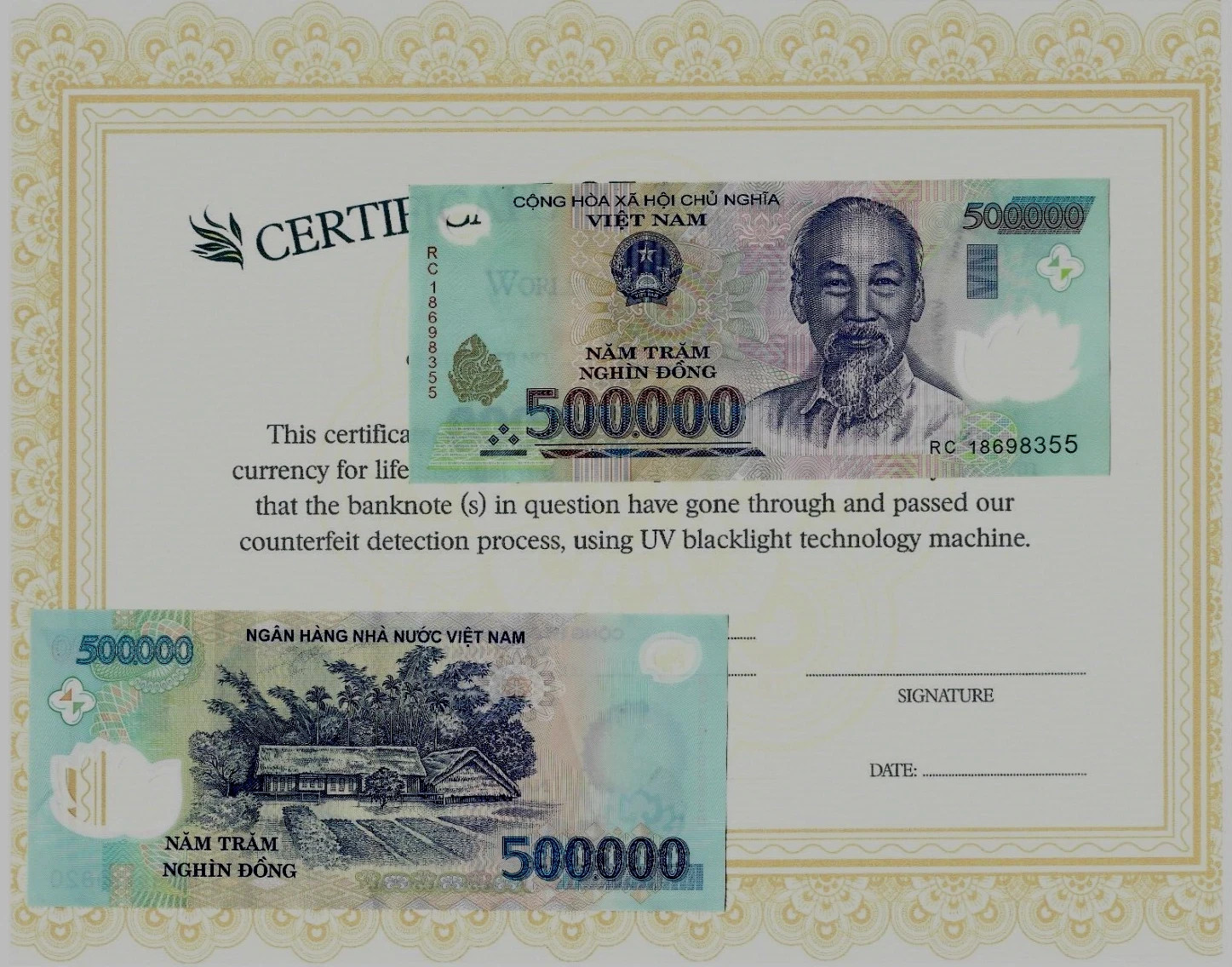 VIETNAM 500,000 DONG P-124 2018 x 1 Pcs POLYMER UNC 500000 MONEY BANK NOTE COA