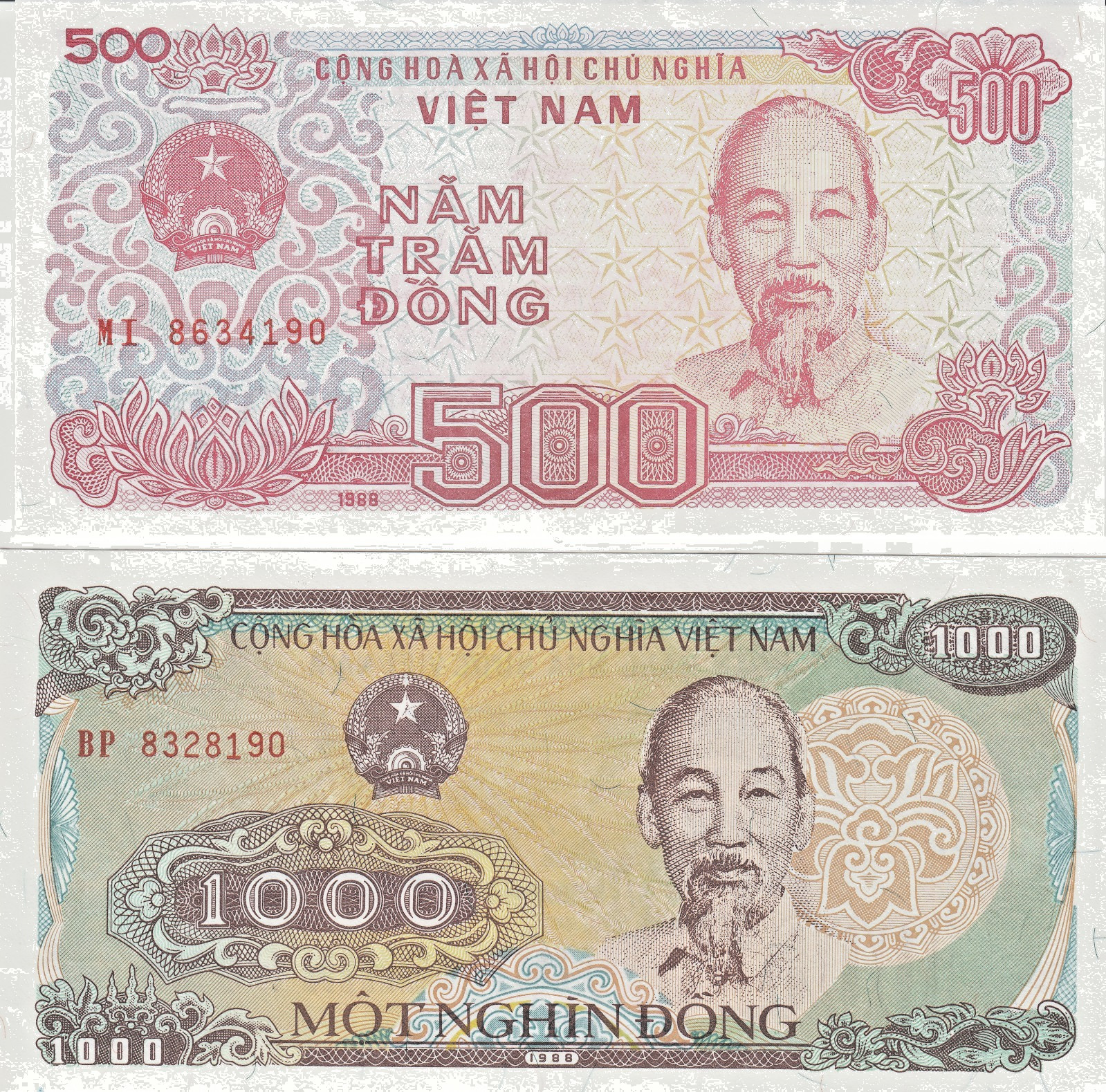Vietnam 500 & 1000 Dông, Pick 101a & 106a, UNC