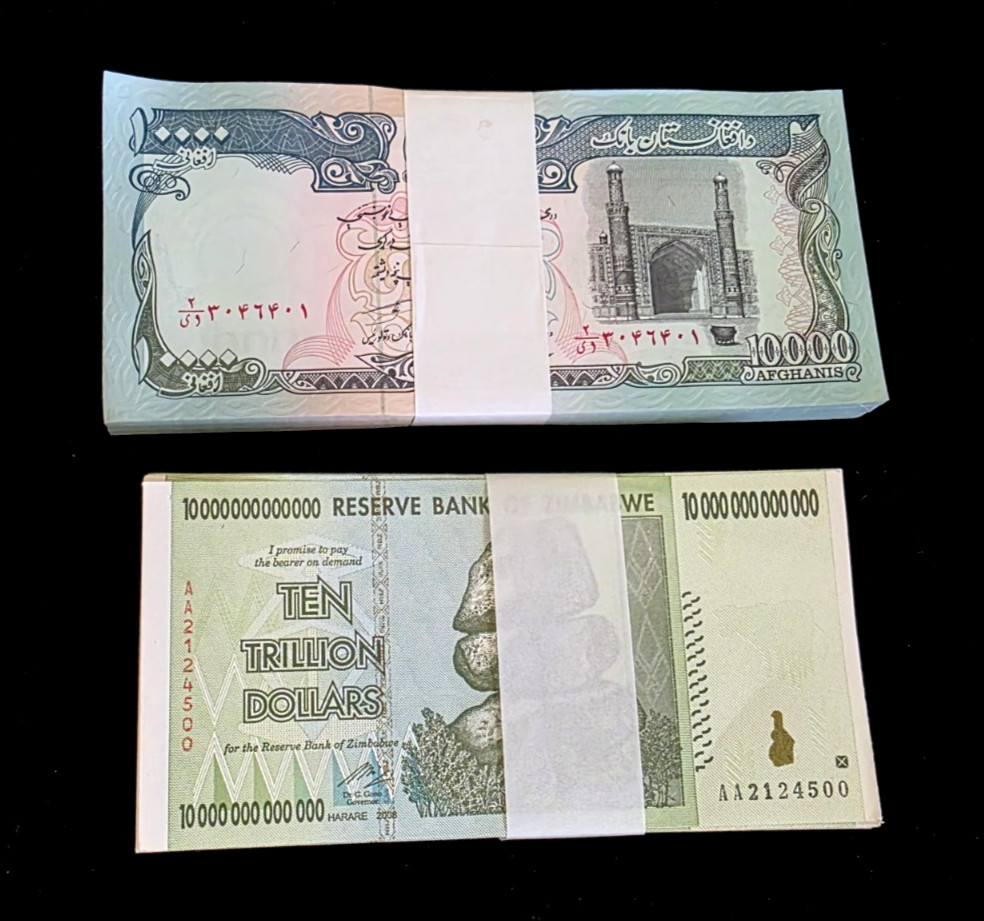 200 Banknotes 100 ea x Zimbabwe 10 Trillion dollars & Afghanistan 10000 Afghanis