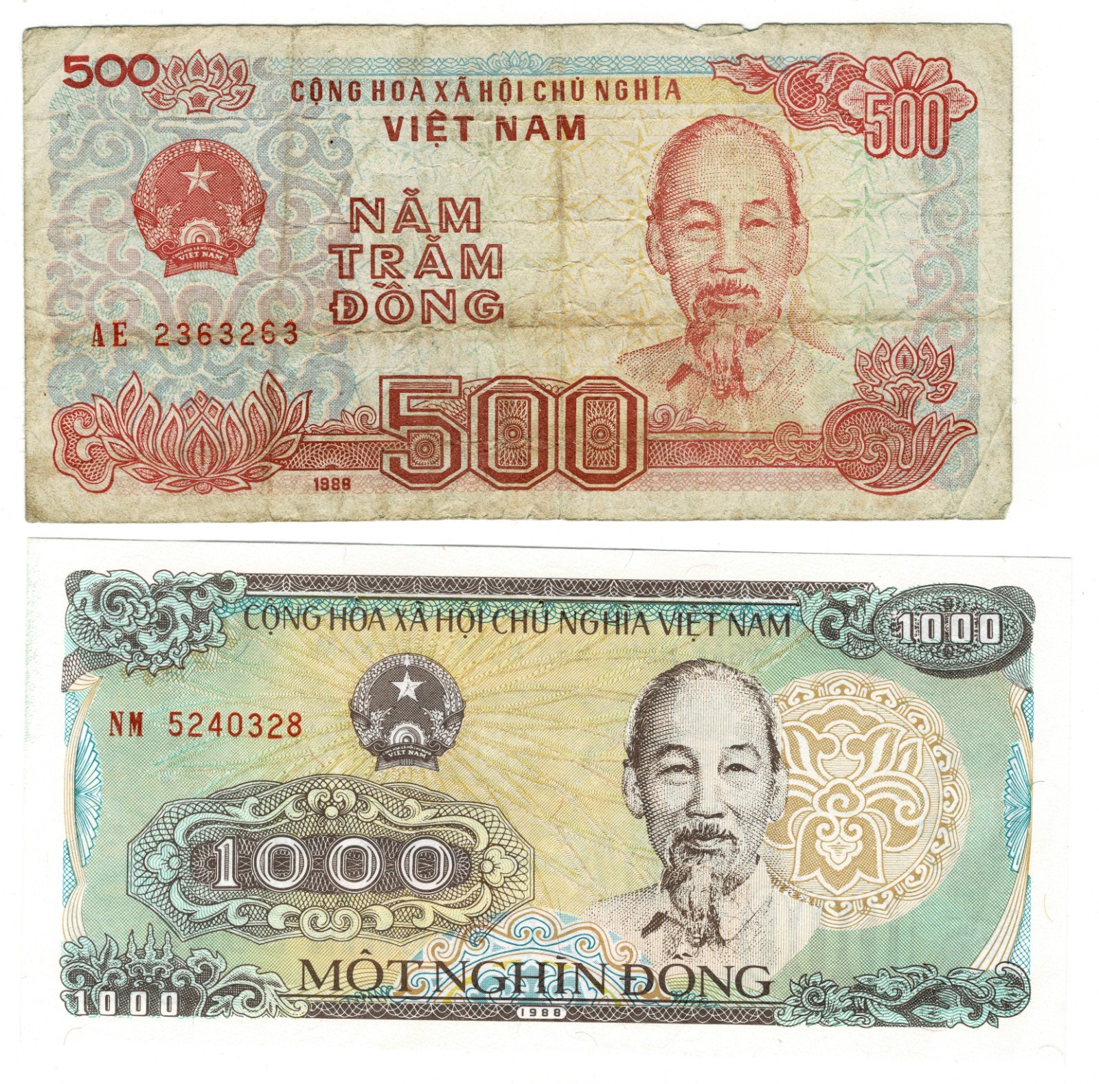 Set: Vietnam 500-1000 Dong 1988 P101 P106 Ships in Port, Elephant Banknotes
