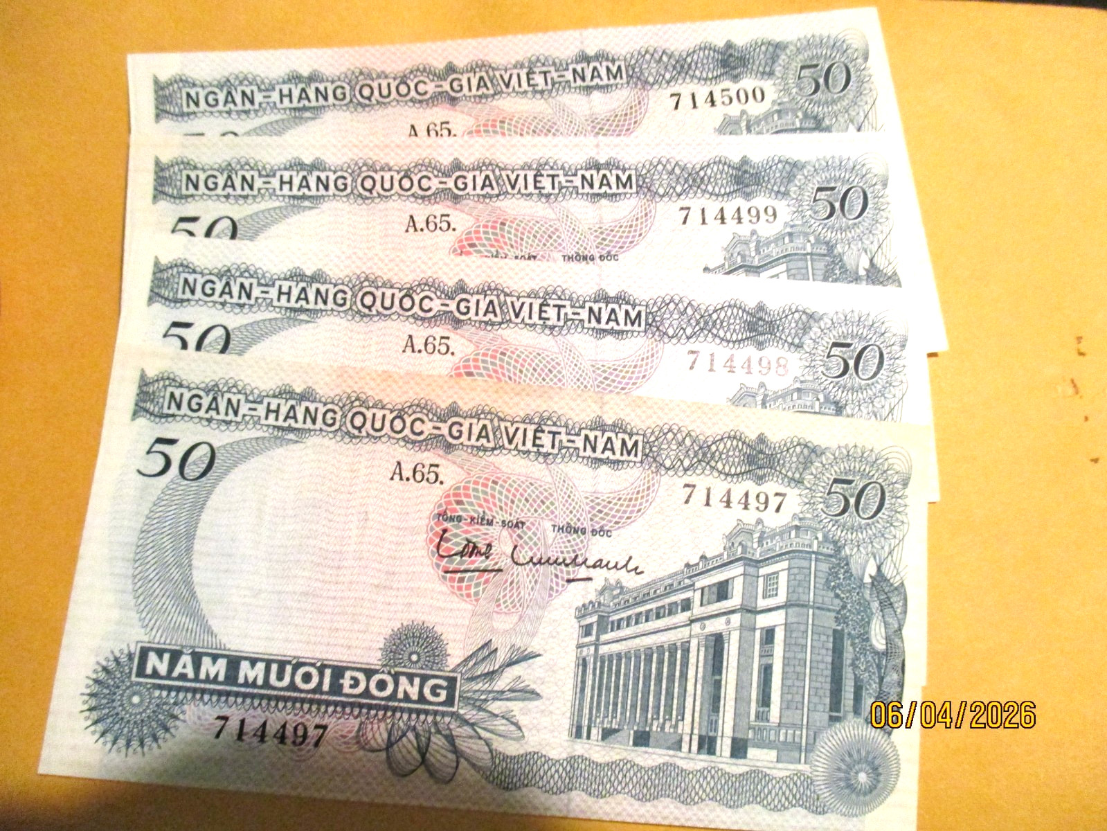 1960’S VIET-NAM NAM MOUI DONG 50 BANK NOTE LOT of (4) in SEQUENCE 71497-714500