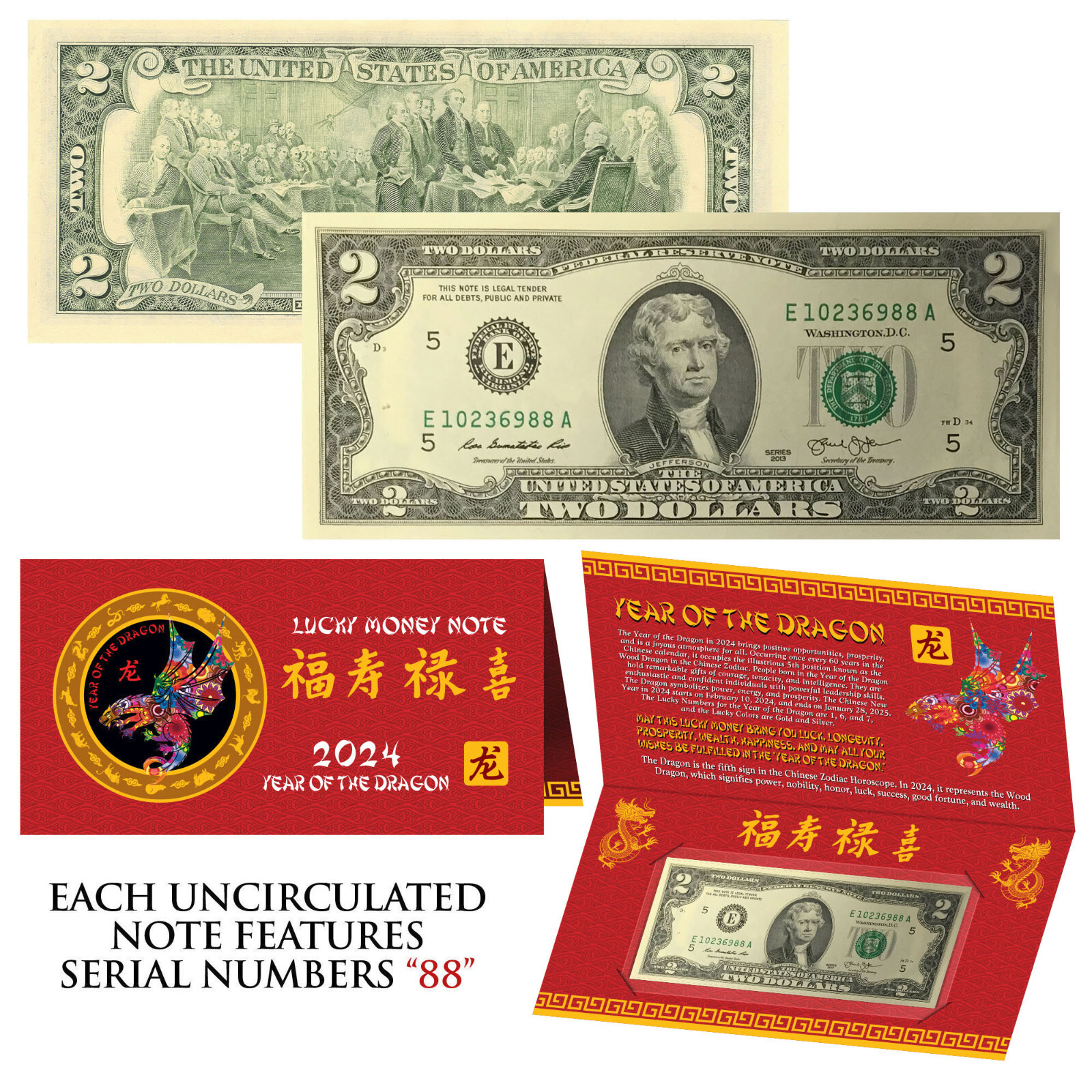2024 CNY Chinese YEAR of the DRAGON Lucky Money $2 Bill w/ Red Folder – S/N 88