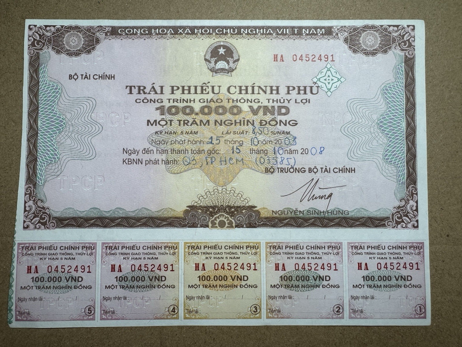 100,000 Dong Goverment Cheque 2003 UNC Rare_LDP Shop.