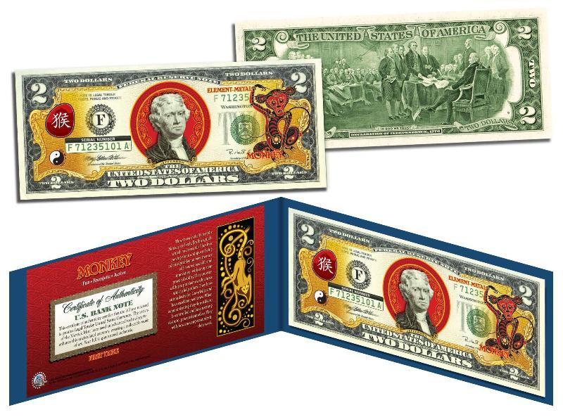 Chinese Zodiac * YEAR OF THE MONKEY * Colorized $2 Bill US Lucky Money New Lunar