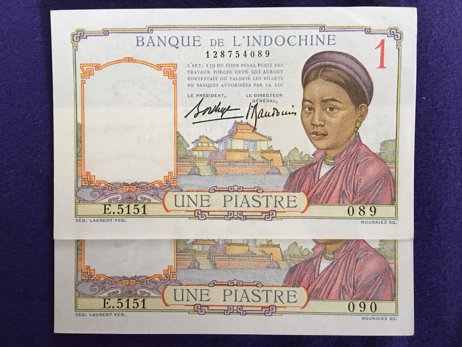 VIETNAM (INDOCHINA) 1946 (2) SEQUENTIAL 1 PIASTRE NOTES / UNCIRCULATED