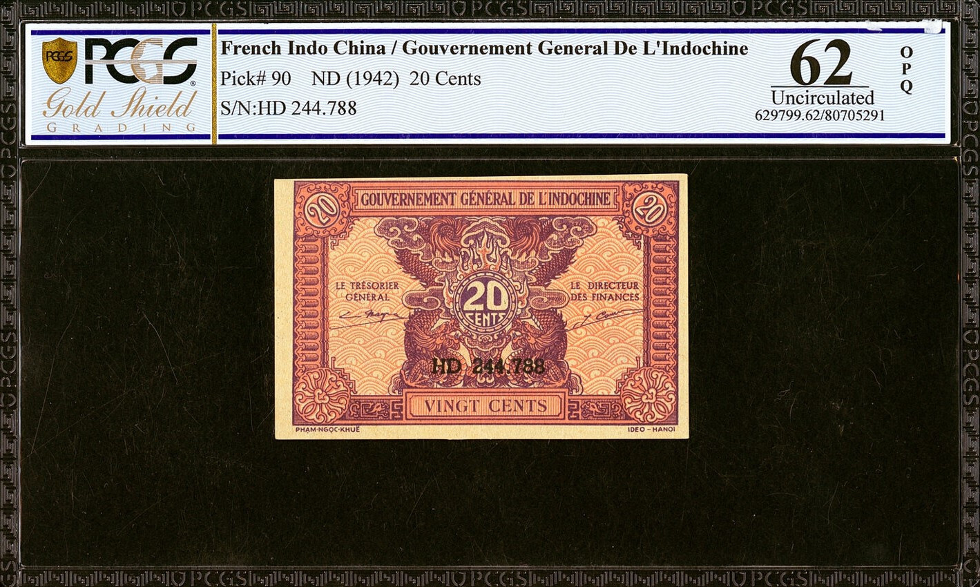 French Indo-China 20 Cents ND (1942) Pick-90 CH UNC PCGS 62 OPQ