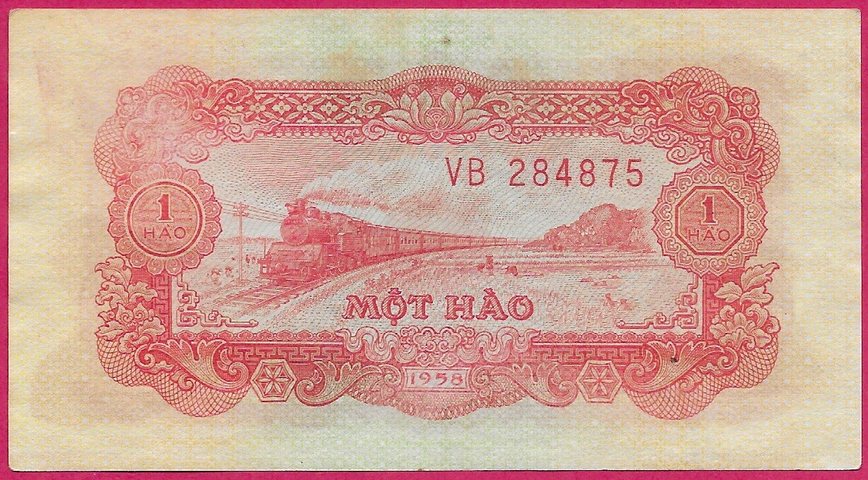VIETNAM DEMOCRATIC REP 1 HAO 1958 TRAIN,ARMS AT CENTER,RED ON GREEN UNDERPRI