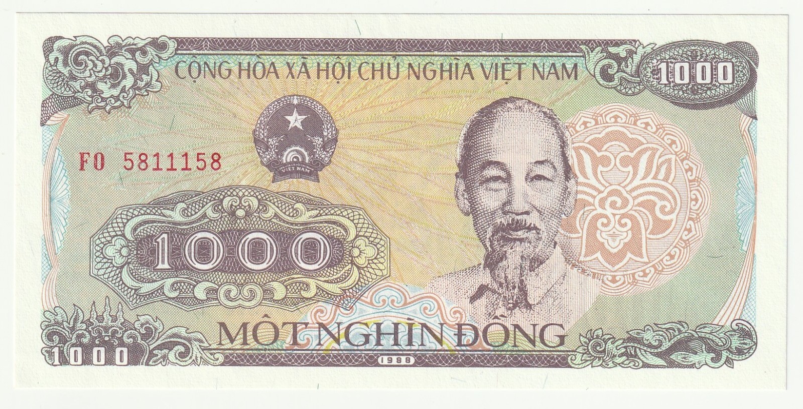 1988 VIETNAM, 1000 DONG, FANCY SERIAL # 5811158, CRISP HIGH GRADE BANKNOTE P-106