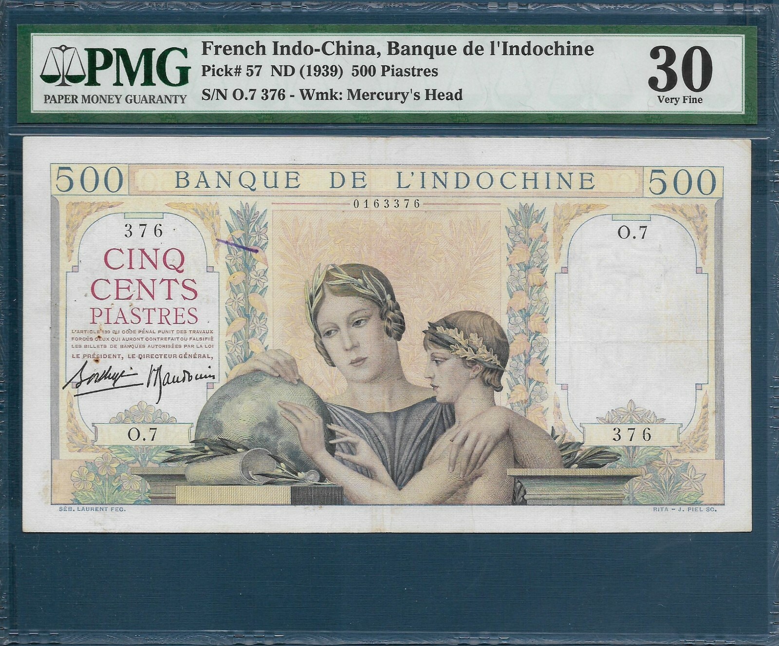 French Indochina Vietnam 500 Piastres, 1939, P 57, PMG VF 30