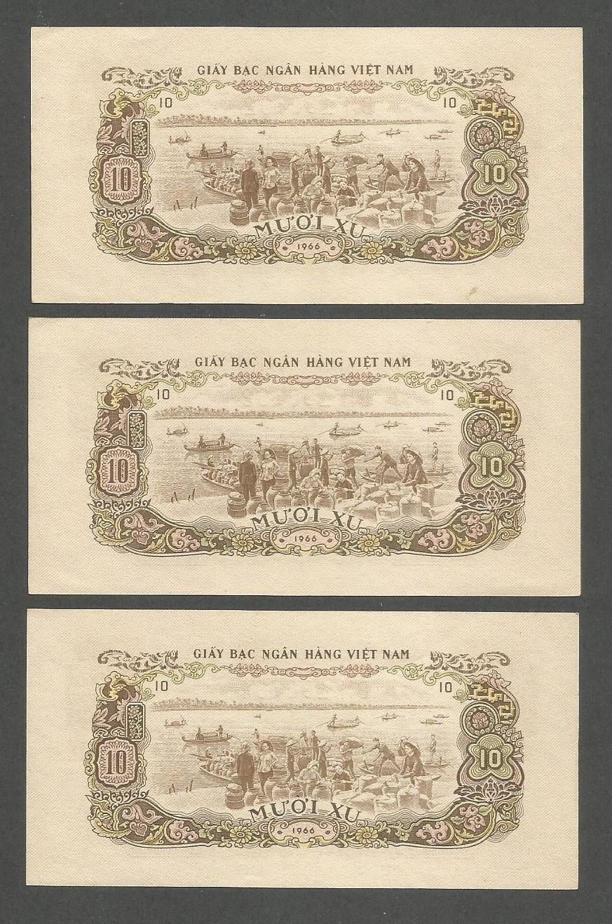 South Vietnam 10 Xu 1966 (1975); AU+; P-37a; BNB-B201a; Lot of 3 consecutive #