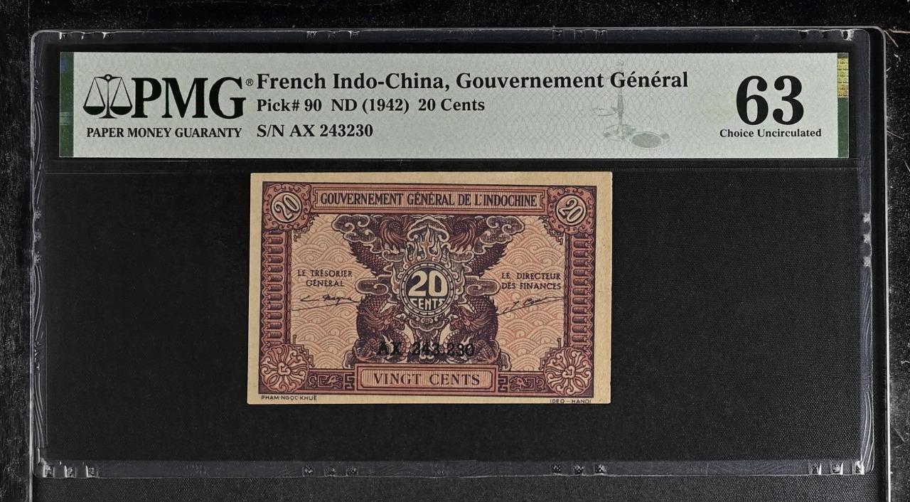 French Indochina P-90 20 Cents 1942 PMG 63
