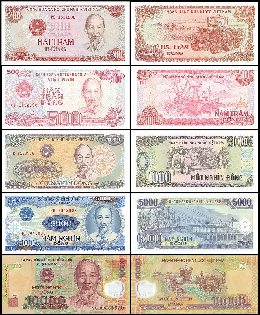 Vietnam 200-10000 Dong 5 Pieces Set, 1987-2008, P-100-119, UNC