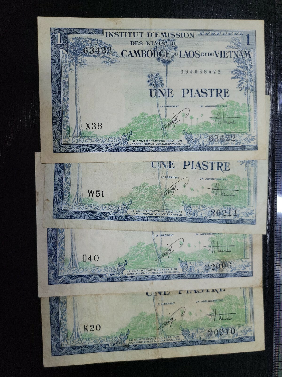 🌏 Vietnam French Indochina 1 Piastre 1954 P-105 (qty 4) Banknotes 120921-1