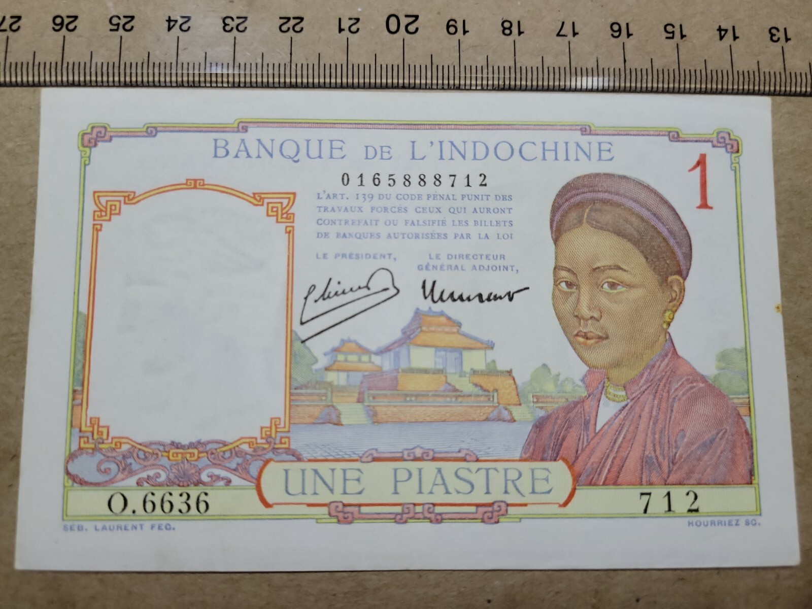 🌏 French Indochina Vietnam 1 piastre 1946 AU P-54 P-54c Banknote 112022-8