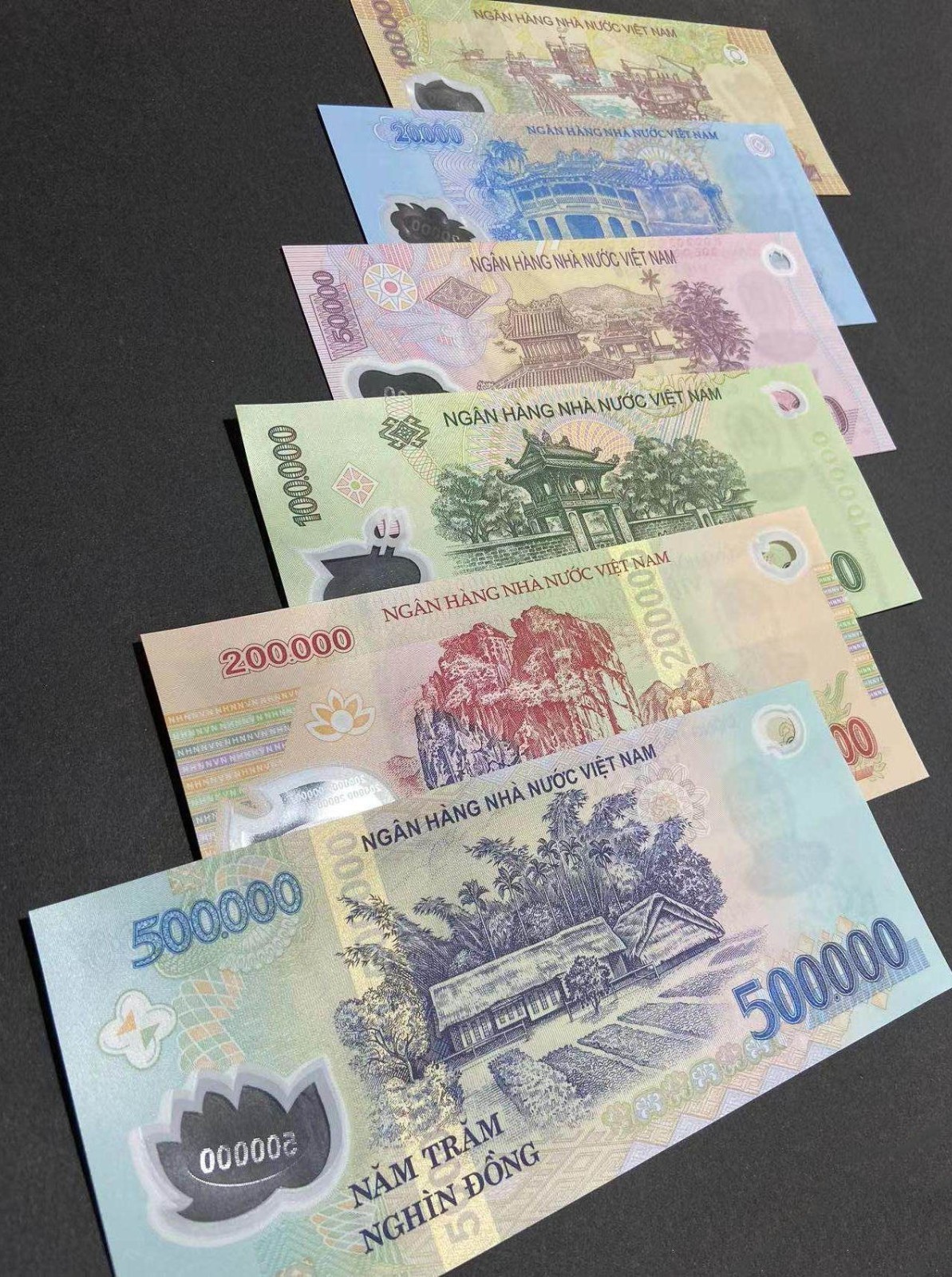 Vietnam 6pcs Set 10000 to 500000 Dong P 119-124 Clear Window Polymer Random Year