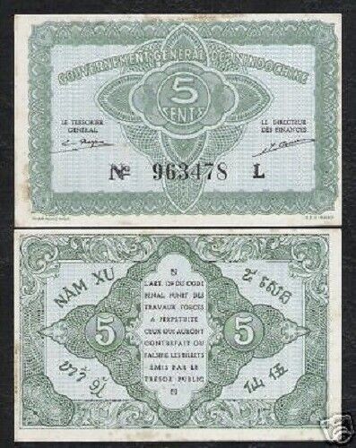 French Indo-China 5 CENTS P-88A 1942 SINGLE PREFIX Vietnamese WorldCurrency NOTE