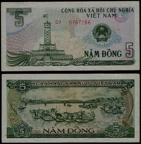 VIETNAM 5 DONG P-92 1985 BOAT FLAG MONUMIENT UNC CURRENCY MONEY BILL BANK NOTE